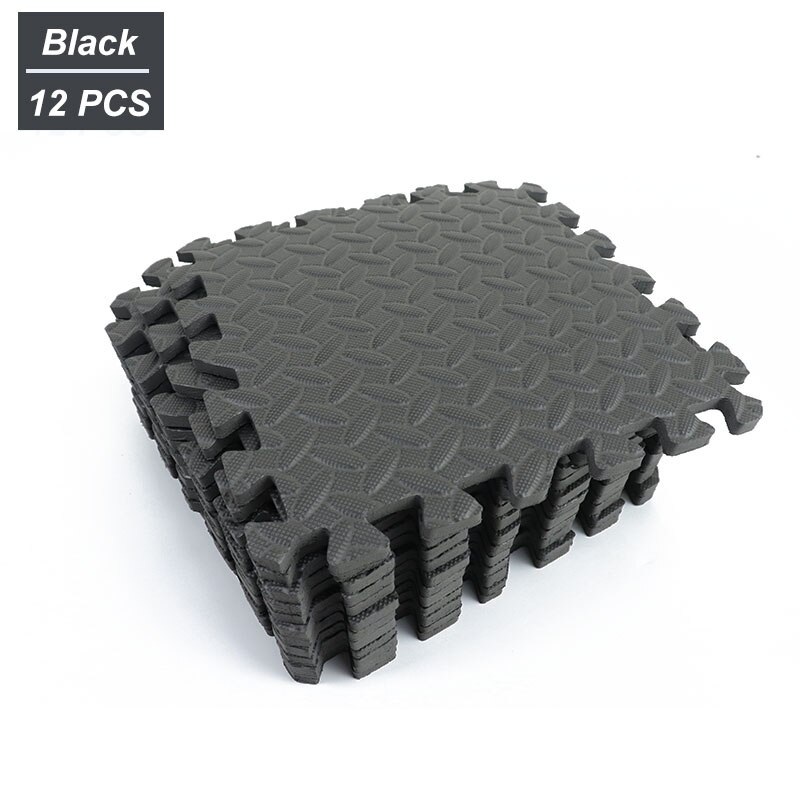 12 stk 30*30cm sportsbeskyttelse gym gulv eva leaf grain skridsikker splejsning gulvmåtte tykkere stødskum fitness yoga gummimåtter: Sort 30 x 30 x 1.2cm