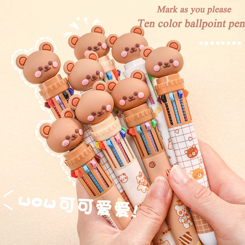 1/5/10pcs 10 kleur kawaii teddybeer cartoon druk pen multi-color kleur pen student levert briefpapier druk balpen