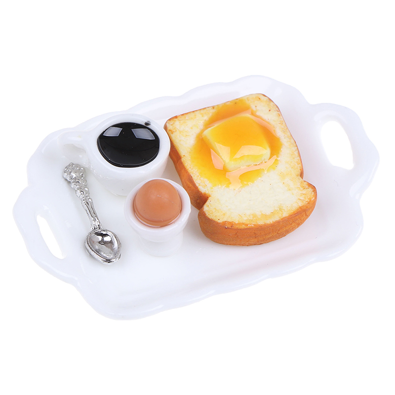 1:12 Miniatura casa delle bambole impostato Colazione Hamburger brioche Pannello Tostato Uovo di Caffè con Vassoio Da Cucina Cucina Accessori