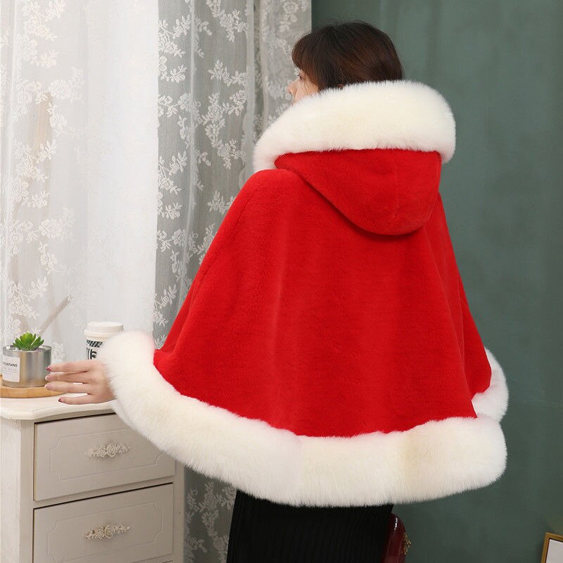 Vrouwen Hood Capes Mantel Winter Dikke Capuchon Bont Sjaal Wit Rood Zwarte Trouwjurk Bruid Bont Cape Poncho Dikker plus Size: Rood