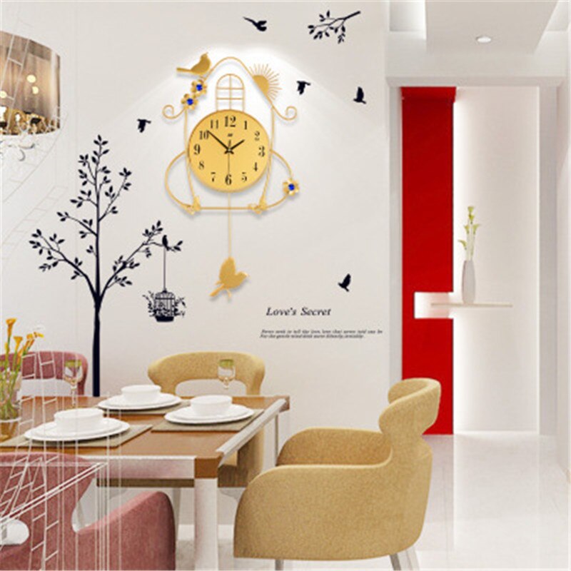 Pendulum Light in the Dark Wall Clock Modern Living Room Luminous Bird Metal 3D DIY Stickers Pared Con Pendulo Home Decor: Stickers gold