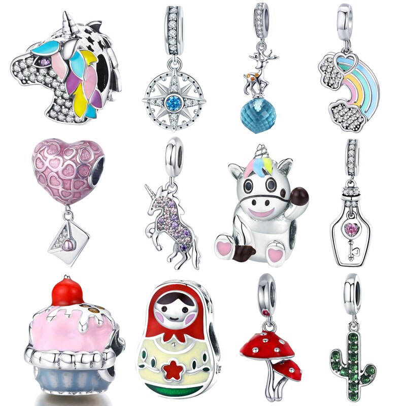 Cactus charme 925 prata esterlina cz unicórnio coração arco-íris garrafa encantos cactus charme ajuste encantos pulseira prata 925 jóias finas