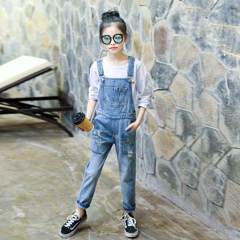 5-14Y Meisjes Denim Overalls Lente Kinderen Jumpsuits Casual Mode Kleding Voor Kinderen Ripped Broek Gewassen Cowboy Jeans Kids J