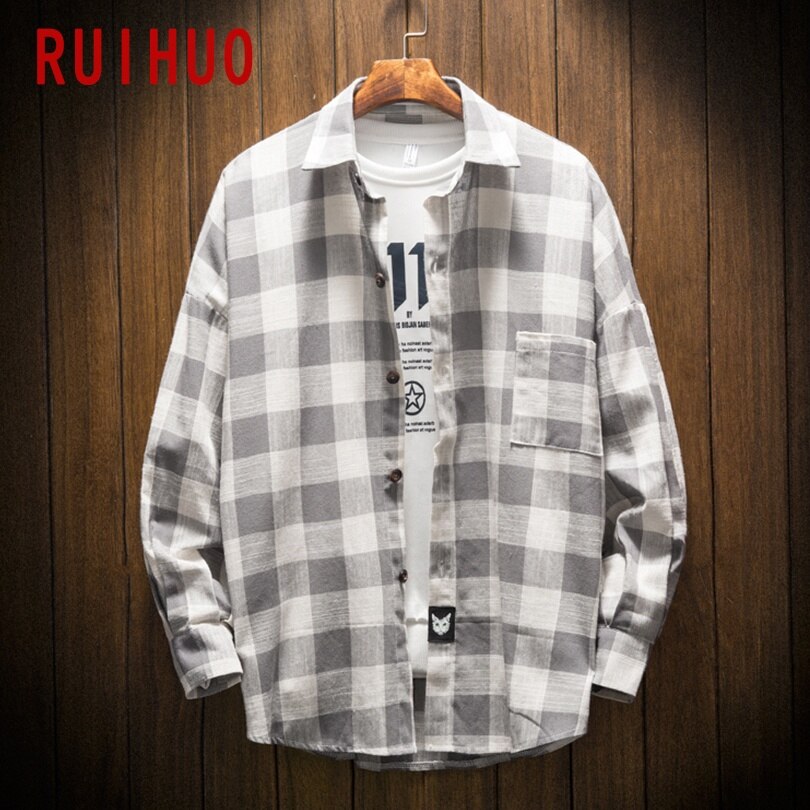 Ruihuo våren casual langermet rutete skjorte herre slim fit bomull herre skjorte japan stil herre klær merke topper m -5xl: Hvit grå / Xxxl