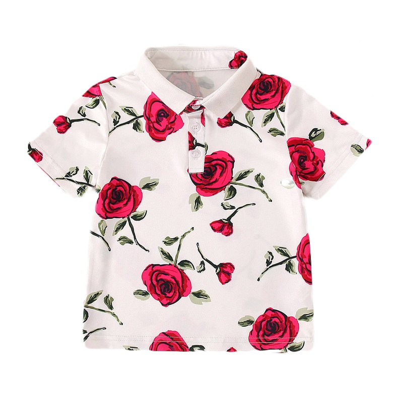 Laatste Mode Jongens Peuter Gedrukt T-shirt Rose Bloemen Patroon Revers Hals Korte Tops
