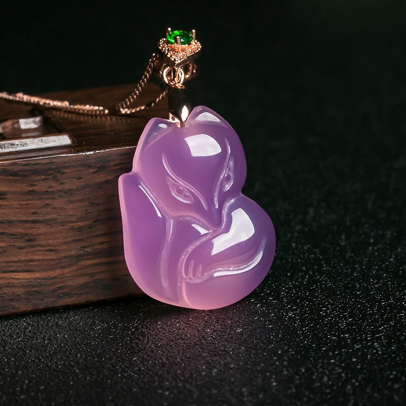 Natural Purple Agate Fox Pendant Necklace Jewellery Accessories Hand-carved Man Woman Lucky Amulet Sweater Chain