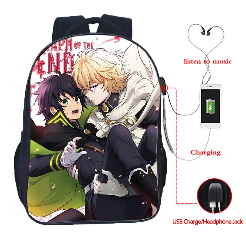 Top Seraph of the End USB Charge School Rucksack Boys Girls School Bag USB Charging Laptop Backpack: 7