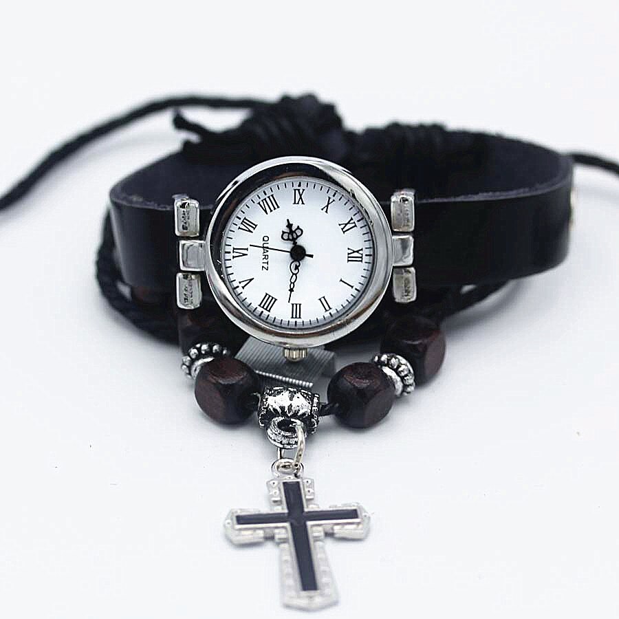 shsby unisex ROMA vintage watch leather strap bracelet watches Religious cross women dress watches silver female wristwatch: Black
