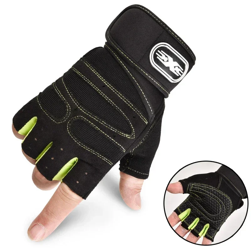 Gants de Fitness demi-doigt pour hommes et femmes, protection antidérapante, protège-poignet, haltère, équipement de cyclisme, gants d'entraînement: green / 9.5 inches