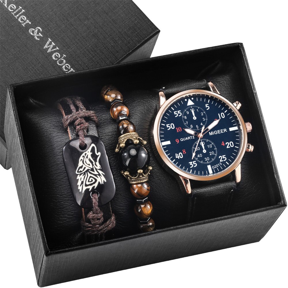 Reloj de pulsera de cuero de cuarzo para hombre y mujer, Set de 3 piezas con caja de , pulseras de , de cumpleaños para Hijo/marido/amigos: Watch Gift Set 039