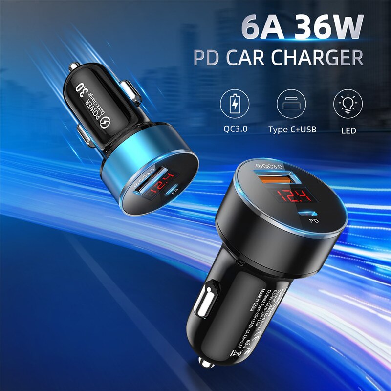 Carregador de carro uslion 36w com porta dupla, carregamento rápido 6a usb c para iphone xiaomi huawei qc3.0 tipo carregador de celular do carro c