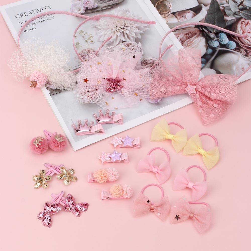 7 PCS/Set Hair Hoop Crown Flower Hair Tie Yarn Ball Hairclip Pentagram Butterfly Hairpin for Kids Headwear Barrettes Set