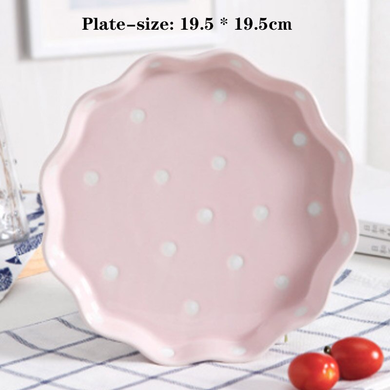 Porcelain Dishes Cutlery Dinner Plate Polka Dot Dishes Cute Dessert Salad Rice Noodle Soup Bowl Breakfast Steak Tray Snack Dish: Pink-A