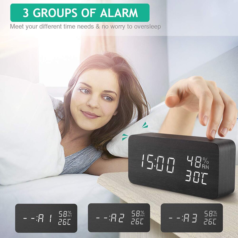 Multifunction Electronic LED Wooden Alarm Clock Digital Voice Control Temperature and Humidity Clock 15cm x 4cm x 7cm