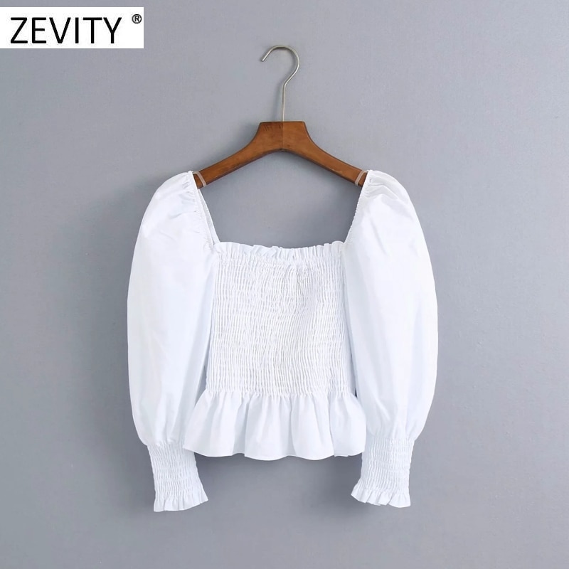 Zevity dames vierkante kraag elastische poplin smock blouse dames pofmouw slanke witte shirts chique cropped tops  ls7033