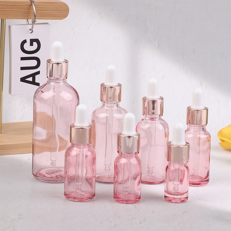 Tropfflaschen, nachfüllbar, 5–100 ml, Rosendeckel, Kosmetikbehälter, rosa Glas, Aromatherapie-Flüssigkeit für ätherische Massageöl-Pipette