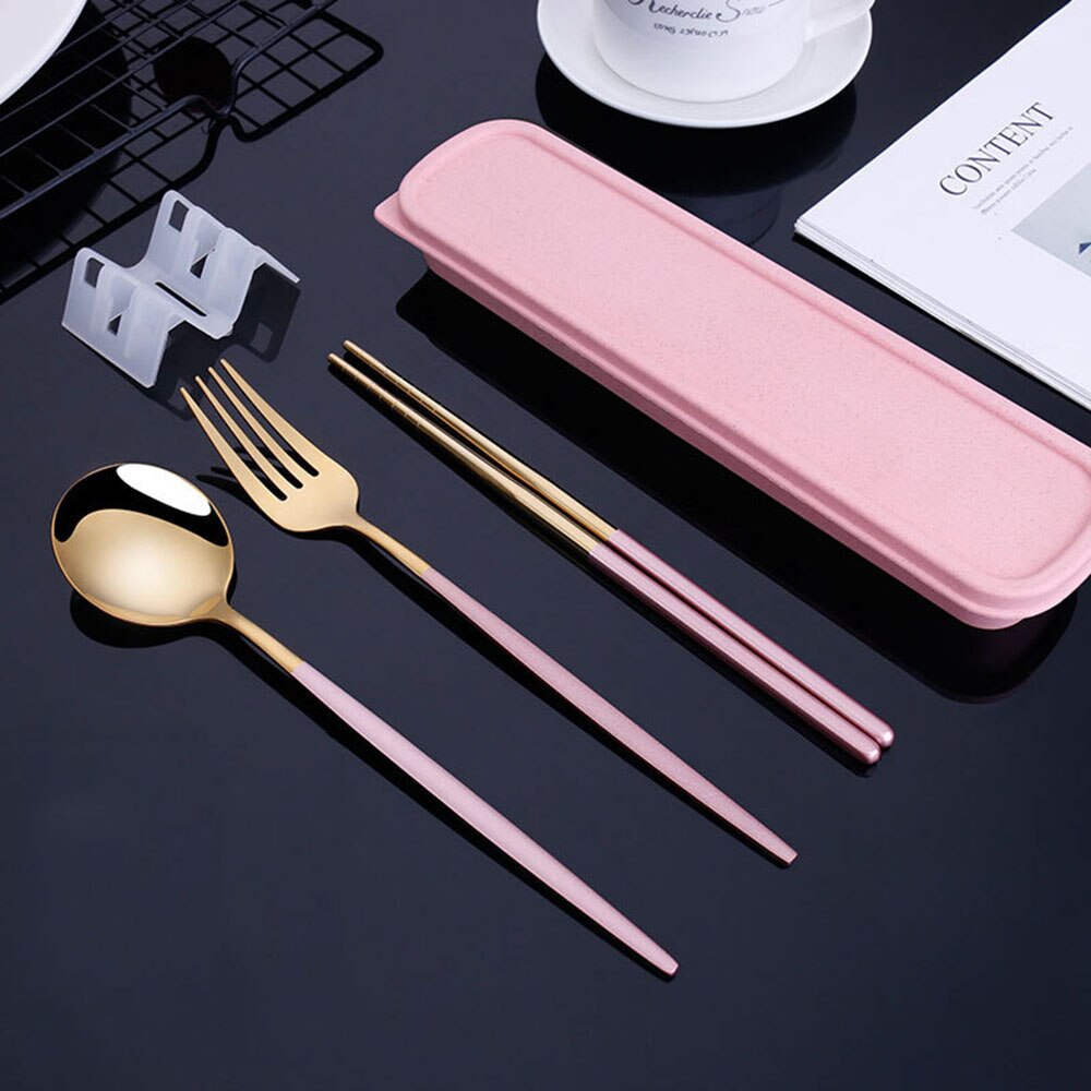 3 Pcs Roestvrij Stalen Bestek Vork Lepel Eetstokjes Driedelig Pak Student Reizen Opbergdoos Draagbare Servies: Golden pink