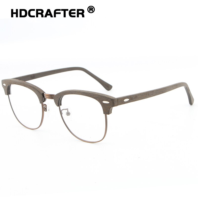 HDCRAFTER Vintage Optical Wood Glasses Frame with Clear Lens Men Women Half Frame Wooden Reading Glasses Eyeglasses Frame