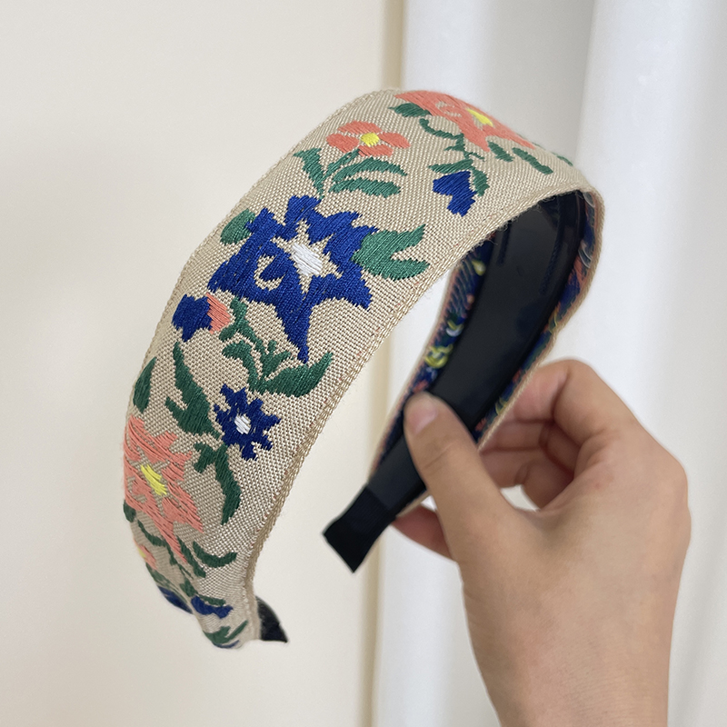 Nuovo stile bohéaspetto ricamo fascia etnica a tesa larga cerchio per capelli foglia fiore modello accessori per capelli copricapo: Cachi