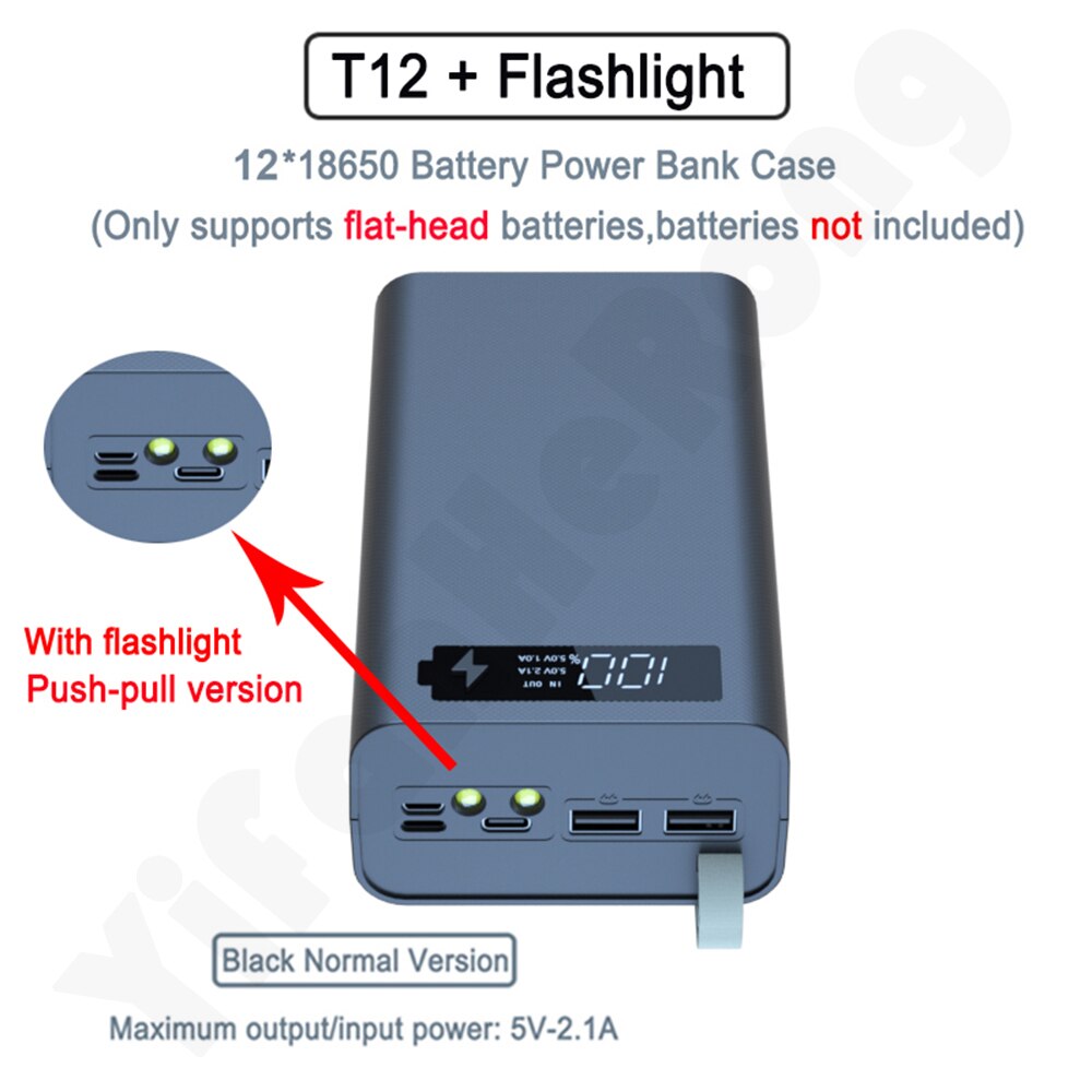 12 x 18650 Flashlight Battery Charger Box Power Bank Holder DIY Shell Case Dual USB 18650 Battery Shell Storage Organize: Normal Black