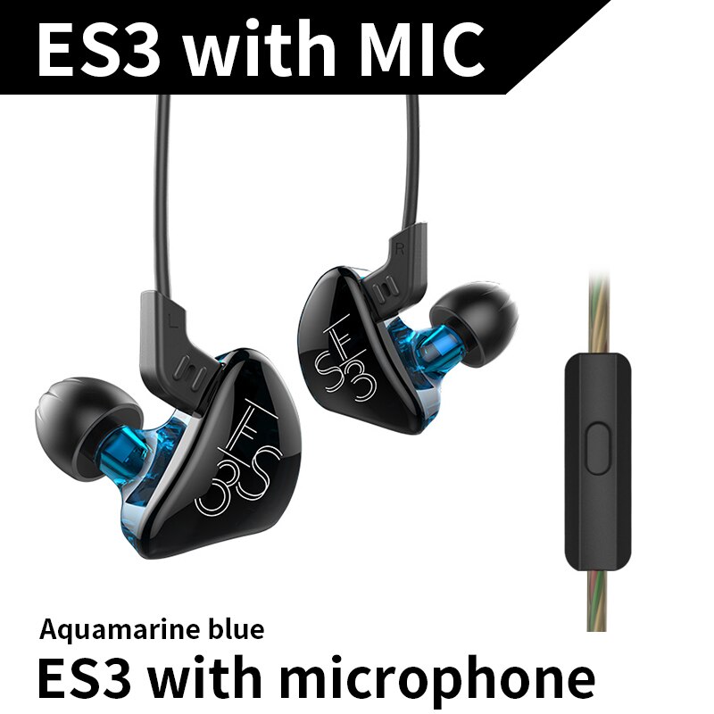 Kz  es3 1dd+1ba hifi sport in-ear øretelefoner dynamisk driver støjreducerende headset erstatningskabel  zs10 es4 zs3 ed12 zst zsn: Blå med mikrofon