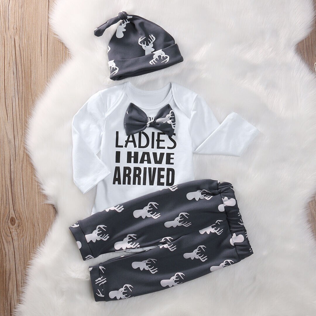 Ladies I have arrived Long sleeve Bodysuit,Cartoon Pant with Hat Set For Baby Boy Clothes