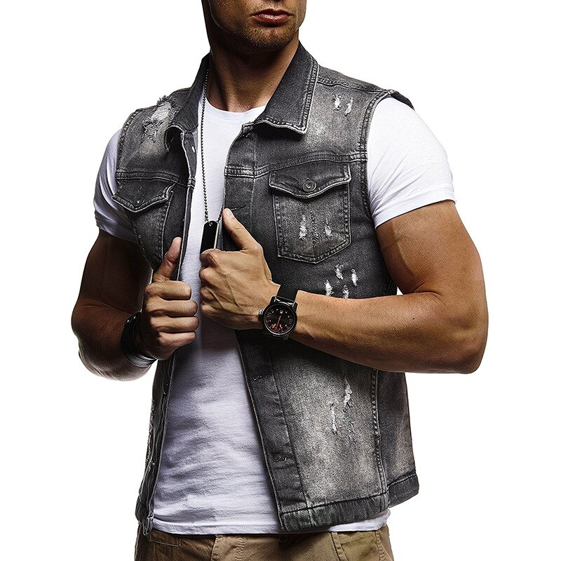 sleeveless denim vest men's trend solid color zipper denim jacket: Gray / M