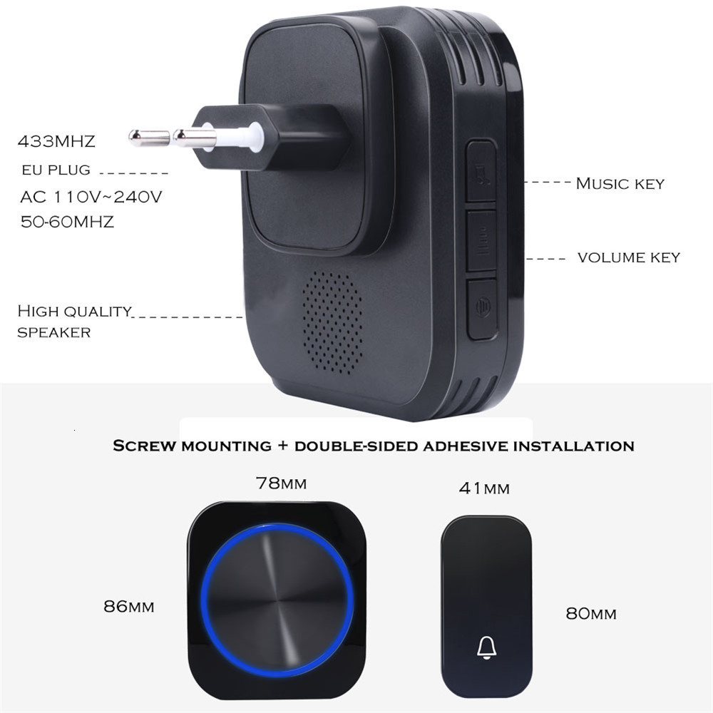 SMATRUL battery-free Cordless Bell button 2-1 receptor Cordless Bell Bell Bell without Wire to Proof D Water powered plug EU