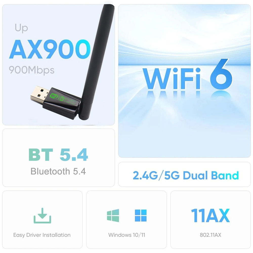 900 Mbit/s WiFi 6 USB-Adapter Bluetooth 5.4 AX900 USB-Dongle Drahtlose Netzwerkkarte Dual Band 2,4 G 5 G Ethernet-Empfänger Kostenloser Treiber