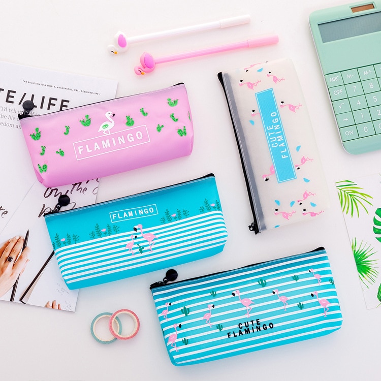 Estuche de lápices Kawaii de flamencos, Estuches de de PVC, caja de lápices escolares, bolsa de lápices, suministros escolares, papelería, 1 ud.