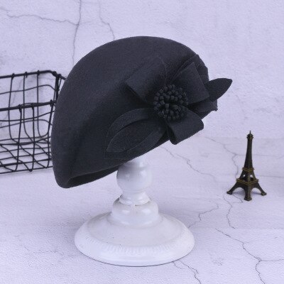 Autumn And Winter 100% Wool Berets Women Winter Felt Hats Lady French Beret Flower Wool Beret Caps: black