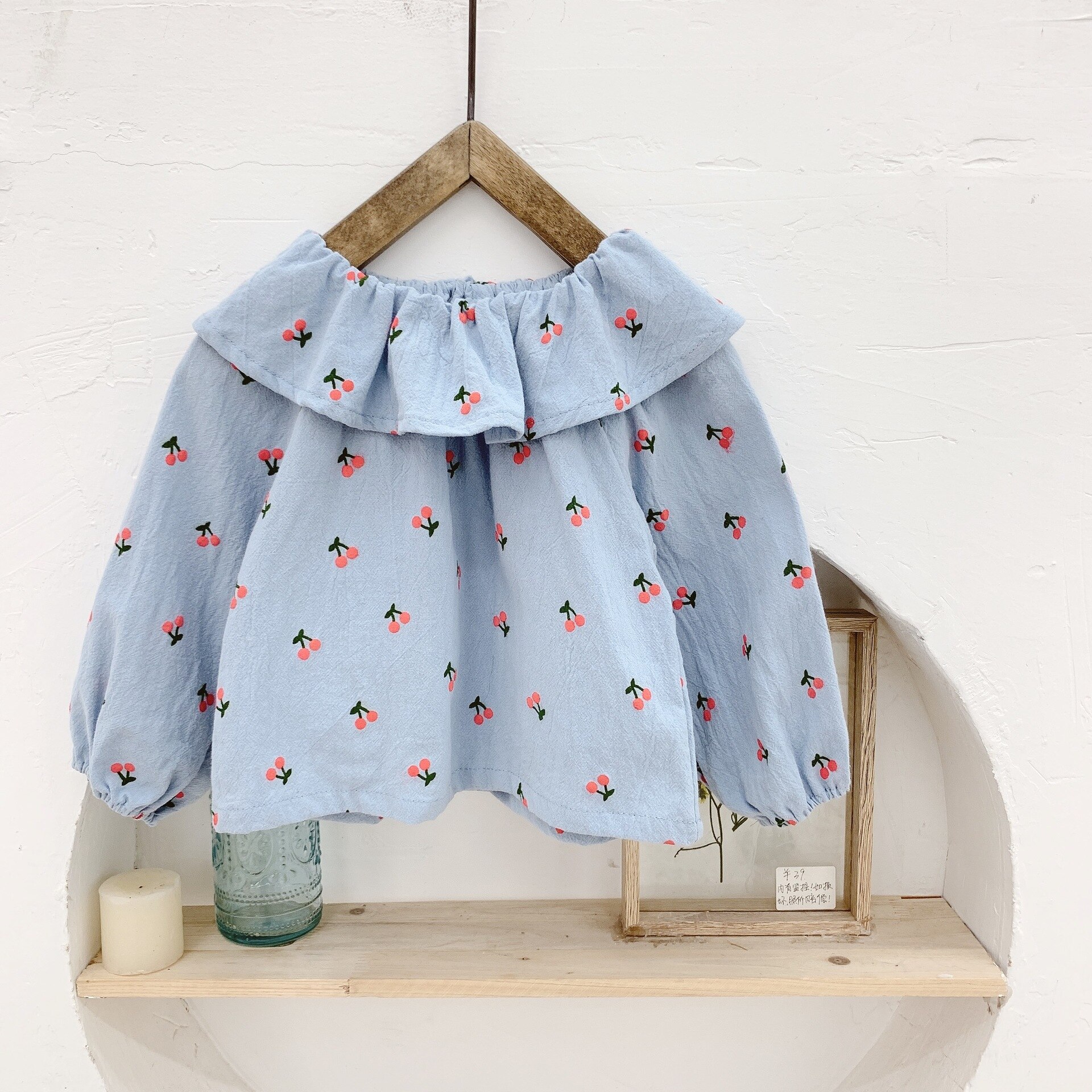 Forår koreansk stil baby piger store turn-down krave kirsebær bluser 1-5 år sød pige løs afslappet skjorter børn tøj toppe: Blå / 5t