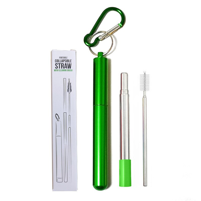Telescopische Herbruikbare Rietjes Reinigingsborstel Metalen Stro Party Tool Draagbare Rvs Rietje Met Travel Case: green