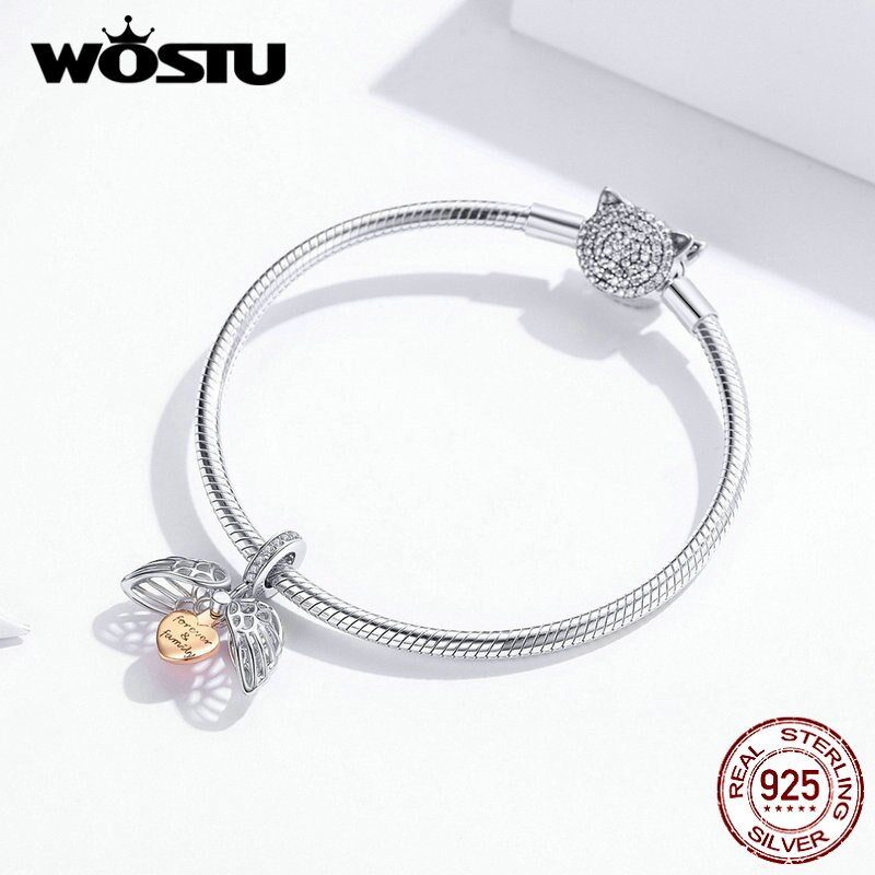 WOSTU Neue 925 Sterling Silber Charms Familie Für Immer Mit Engel Flügel Anhänger Fit Original Armband CQC1299