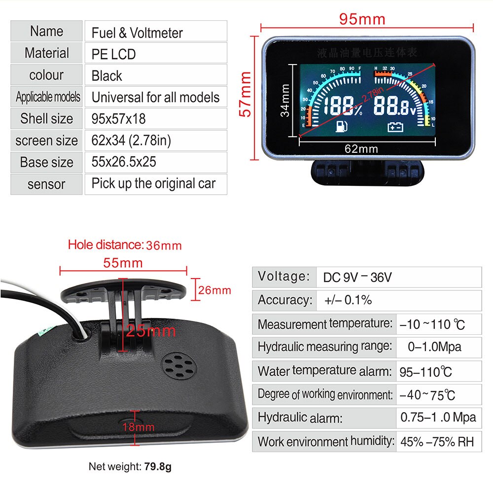 2 In 1 LCD Car Digital ALARM Gauge Voltmeter Volt Fuel Gauge 12v/24v motorcycle fuel level sensor gauges fuel level Universal