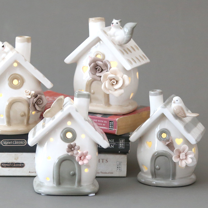 European Cartoon Animal Small House LED Candlestick Ceramics Led Candle Craft Birthday Home Decoration Accessories