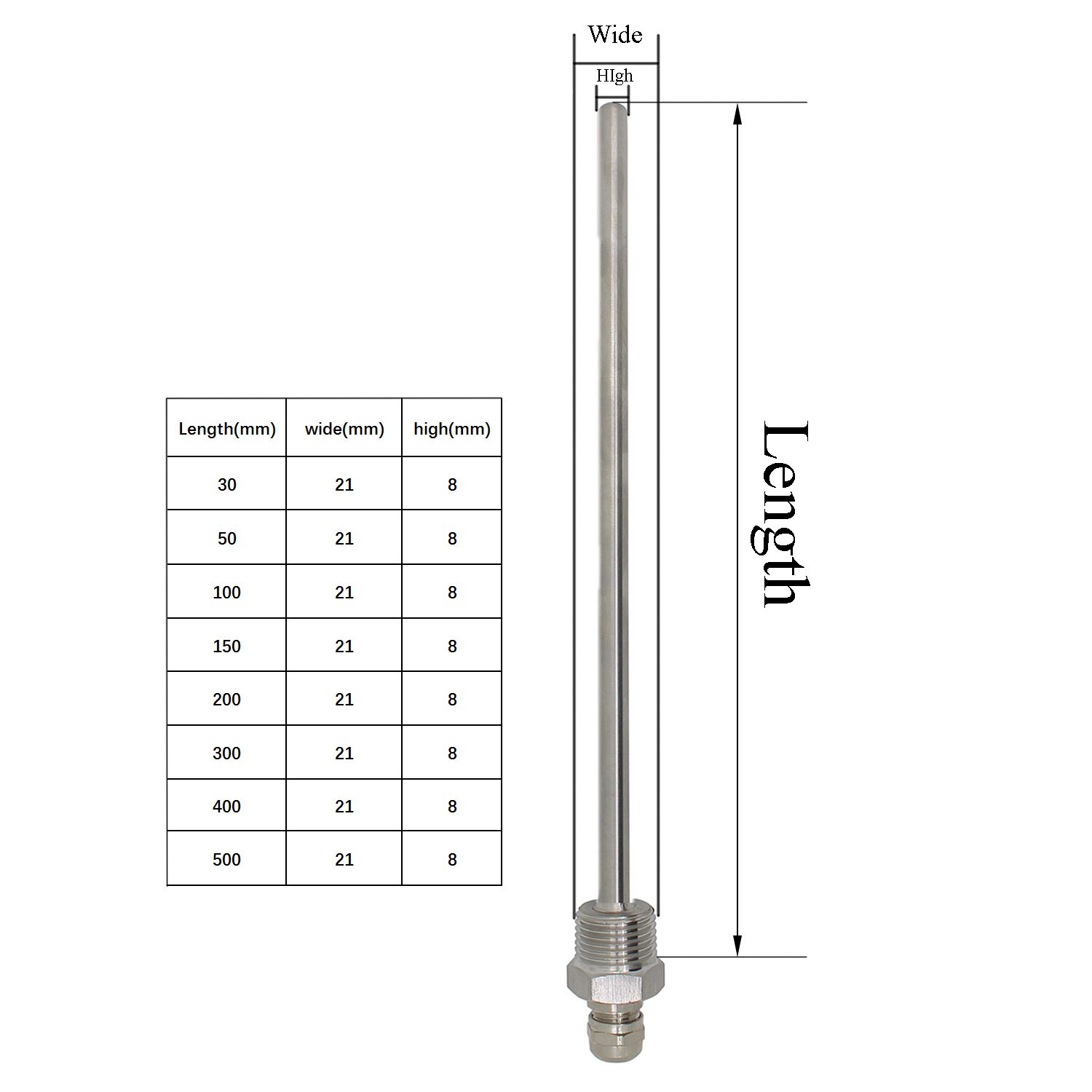 1/2 Inch-Weldless Thermowell 1/2 Roestvrij Staal Voor Thermometer Onderdompeling Van 30Mm 50Mm 100Mm 150Mm 200Mm 300Mm 400Mm 500Mm