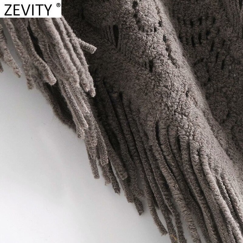 Zevity kvinder hæklet strikket jacquard sjal sweater kvindelig hem kvast dekoration pullovere chic hule kappe toppe  s530