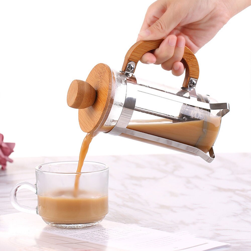 French Coffee Pot Heat-Resistant Filter 350ml Wooden Cover French Press Coffeepot Stainless Steel Glass Teapot