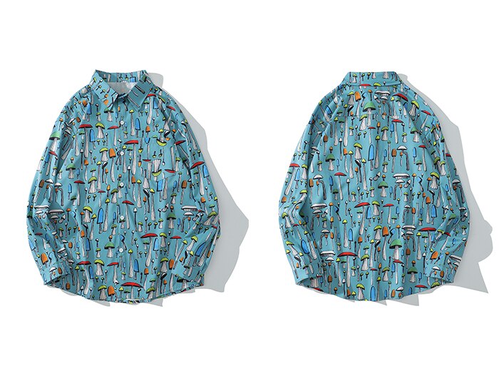 Hip hop hawaiianske strandskjorter efterårsfarvede svampe print harajuku streetwear vintage løse toppe bomuld langærmet skjorte herre: Blå / Xl