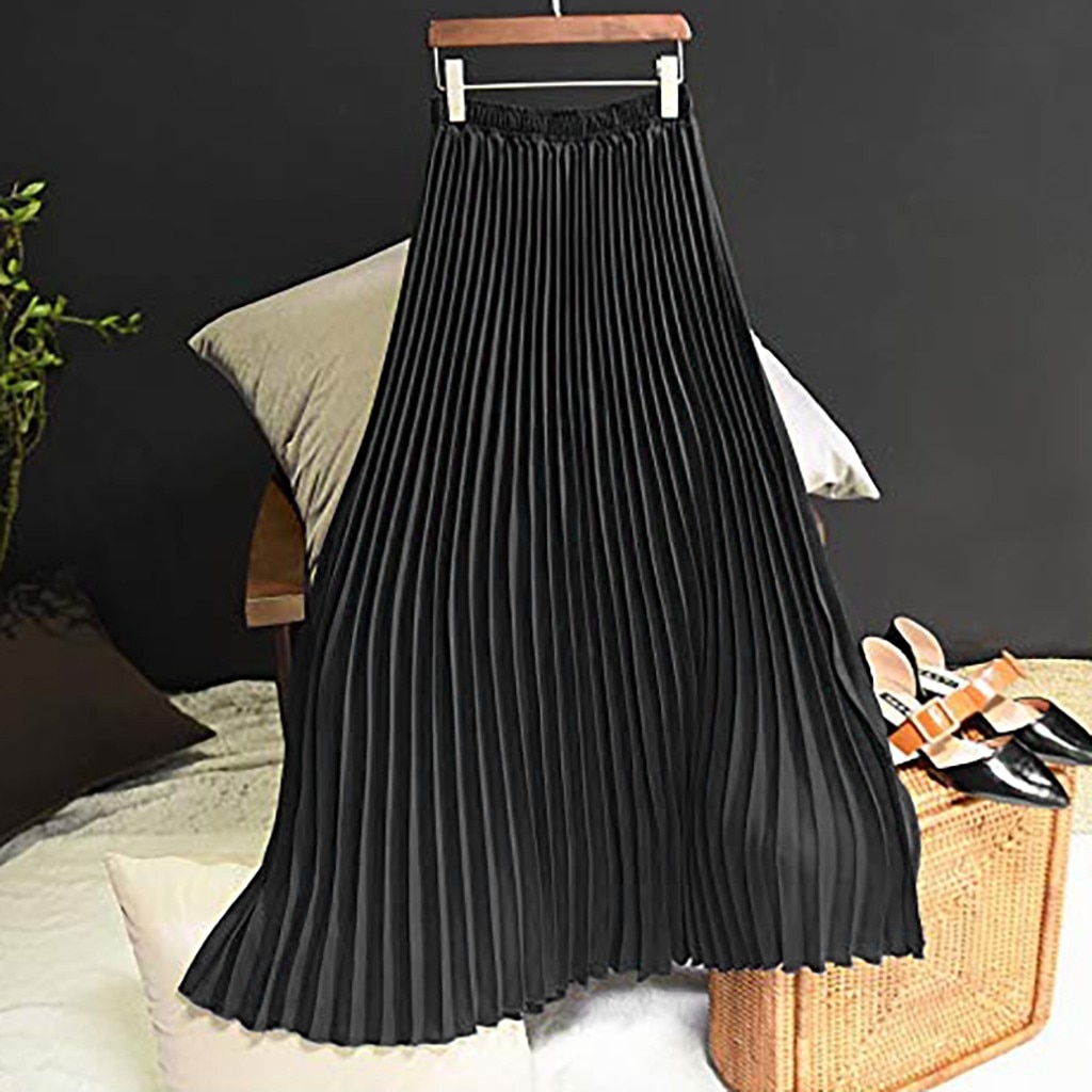 Faldas de coreana para mujer, faldas negras, , Midi, Falda plisada con cintura elástica, Jupe Longue,