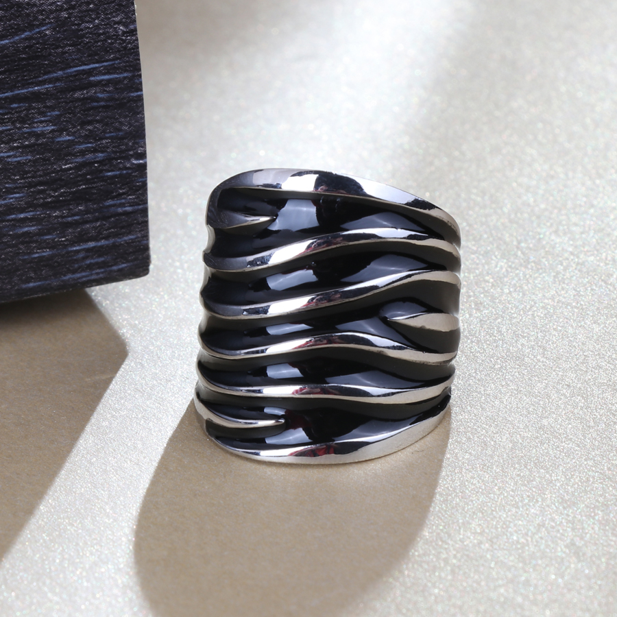 Kinel Unique Punk Rock Black Enamel Big Ring Wave Pattern Silver Color Women Jewelry