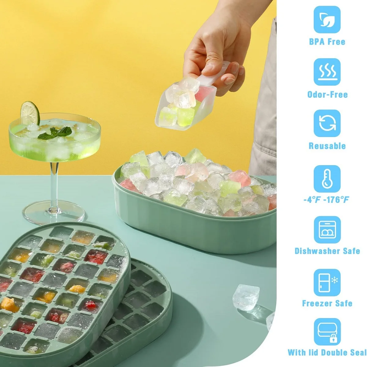 Doppelschichtiges Eiswürfelform mit Deckel und etui – stapelbar, macht 72 Eiswürfel mit Behälter, Löffel und Deckel Ich bin Lieferumfang enthalten, BPA-frei