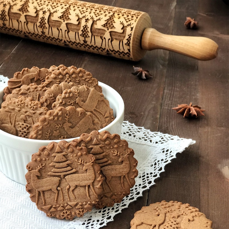 Kerst Moose Rolling Pin Xmas Houten Embossing Diy Baking Tool Creatieve Afdrukken Pastry Cookies Roller Rolling Pins