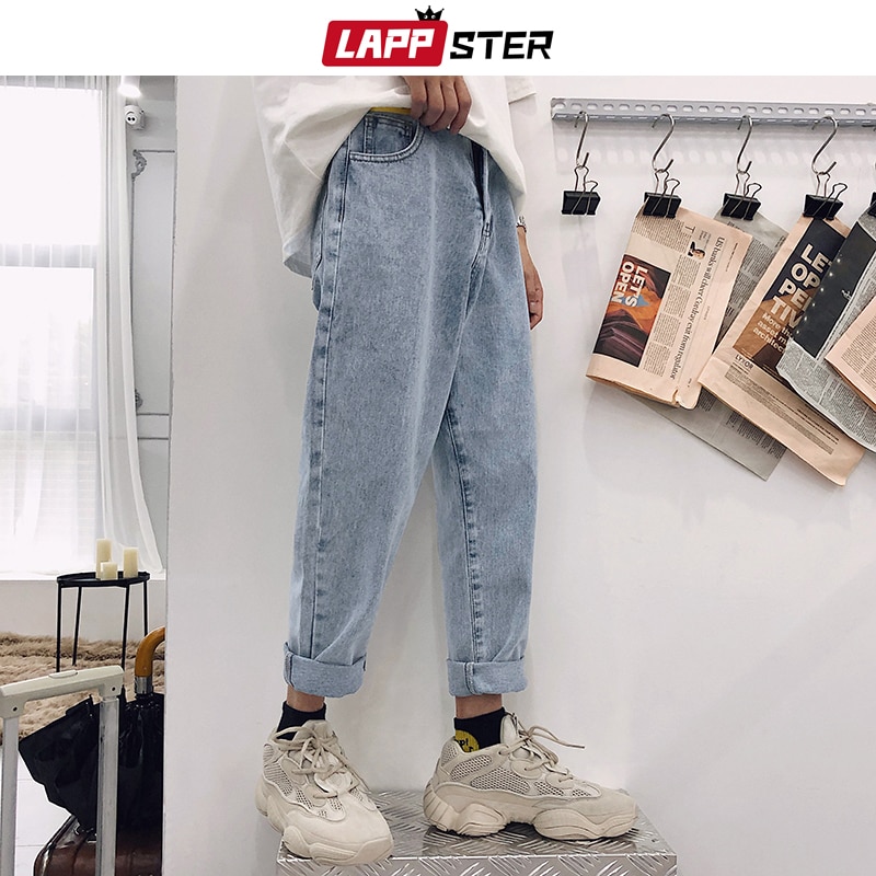 Lappster blå skinny jeans mænd harembukser herre japansk streetwear hip hop denim bukser mandlige koreanske mode løse bukser