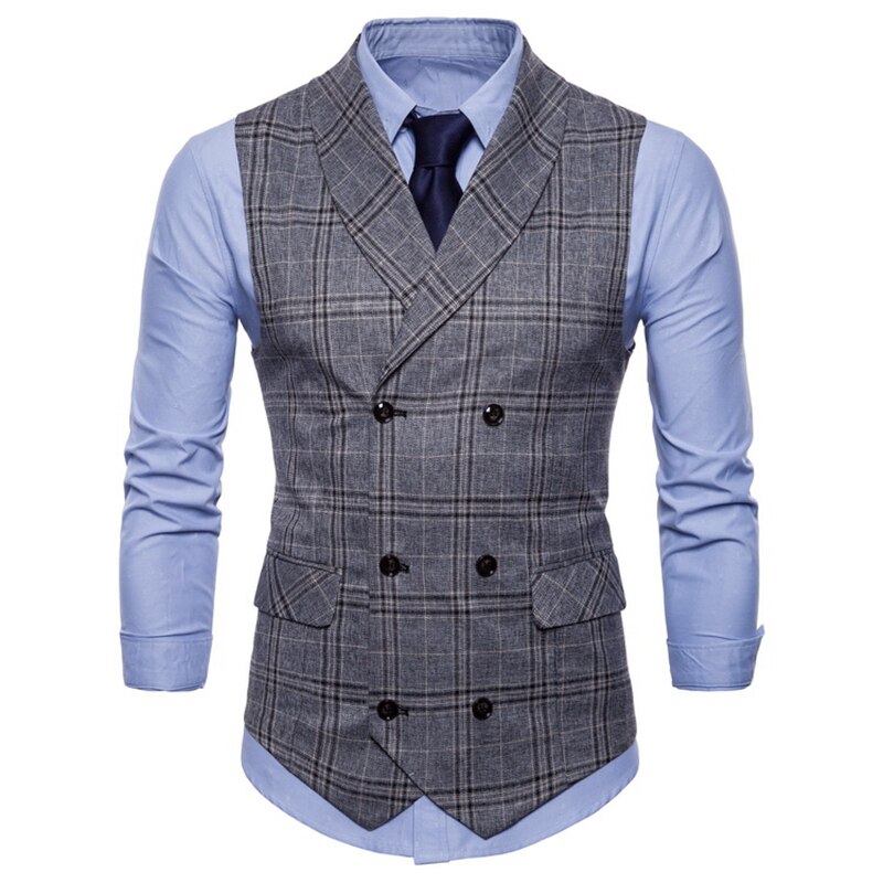 Chaleco de negocios para hombre, estilo, a cuadros, informal, de negocios, doble botonadura, chalequillo traje chaleco,: Gris / L
