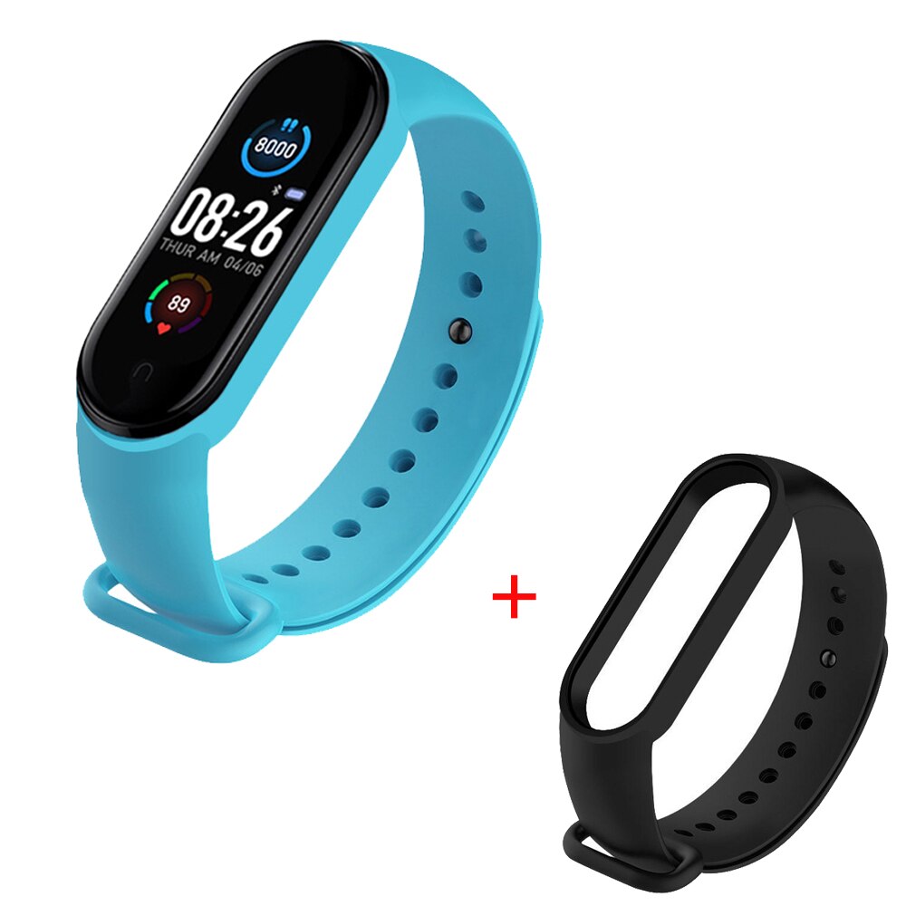 M5 slimme armbanden met kleurenscherm, sporttracker voor dames en heren, bluetooth fitnesshorloges, hartslagmeter en sportband voor android en ios: Hemelsblauw zwart