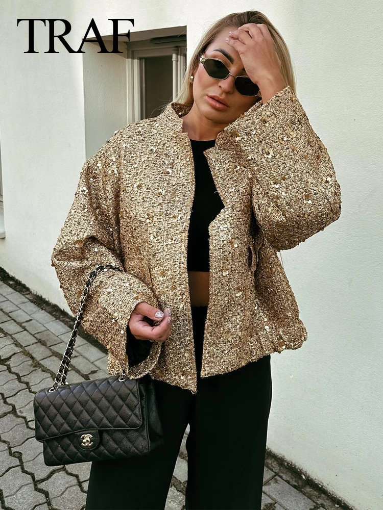 TRAFZA Frauen Glänzende Pailletten Jacke Y2k Gold Farbe Stehkragen Langarm Kurzarm Mantel Herbst Winter Damen Hohe Streetwear