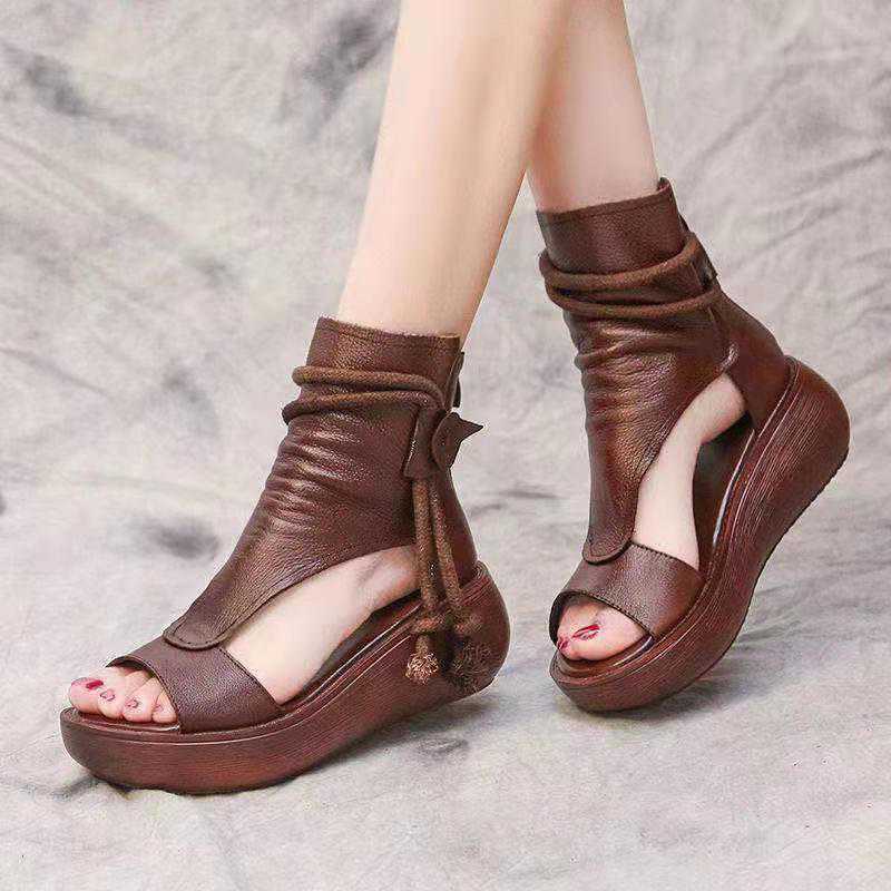 Sandales en cuir confortables pour femmes, bottes Cool à plate-forme, chaussures d'extérieur à la , semelles compensées, augmente la hauteur, chaussures à bout ouvert, été, 2022