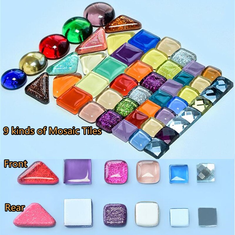 Azulejos de mosaico de vidrio diversificado, materiales para manualidades de mosaico DIY, mezcla de colores/formas, piedras de mosaico brillantes redondas/triangulares/cuadradas, 250g/8,81 oz
